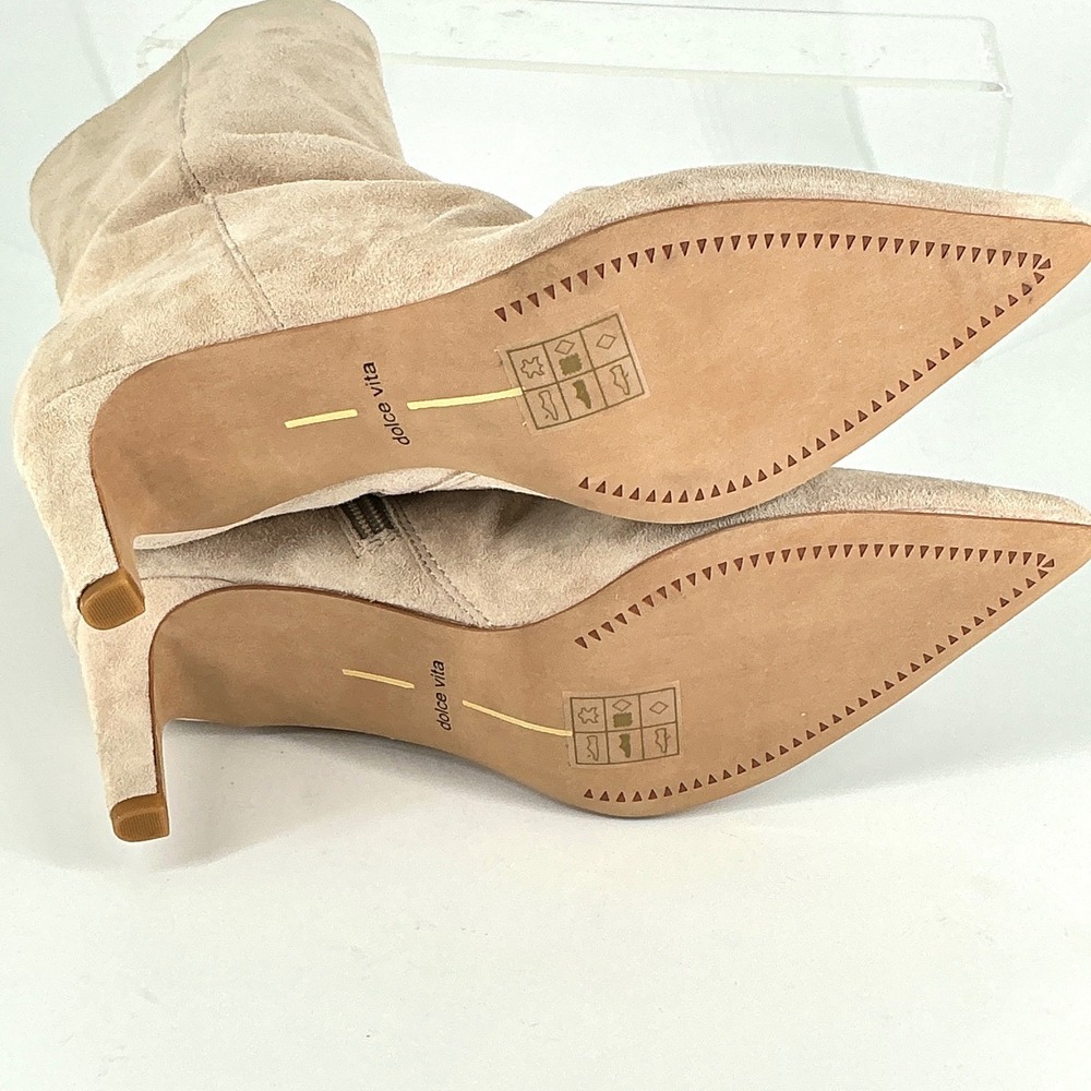 Dolce Vita Size 6.5 Suede Ruched Pointed Toe Stiletto Heel Boots Beige Fernly - Picture 8 of 16